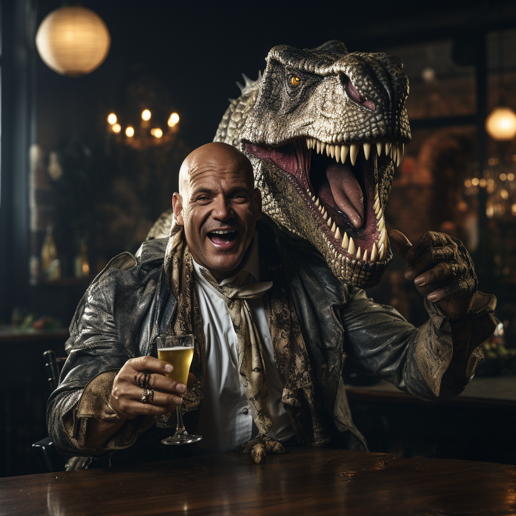 Bald man enjoys champagne while petting Tyrannosaurus Rex