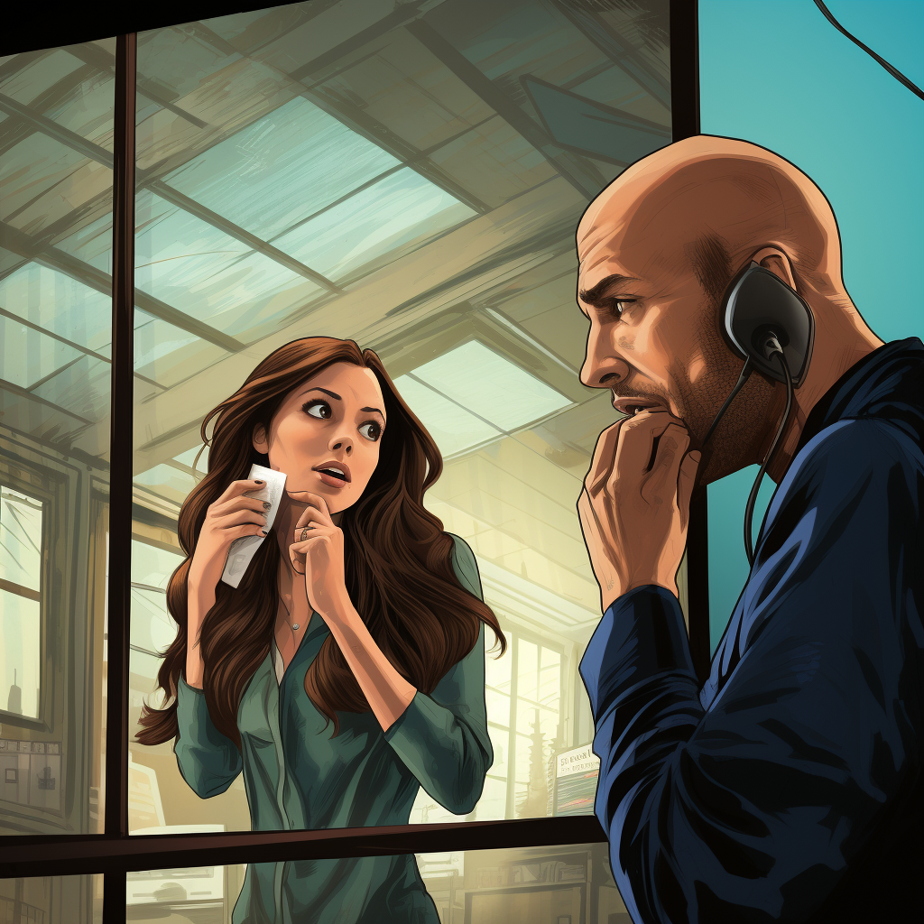 Bald man and woman on phone