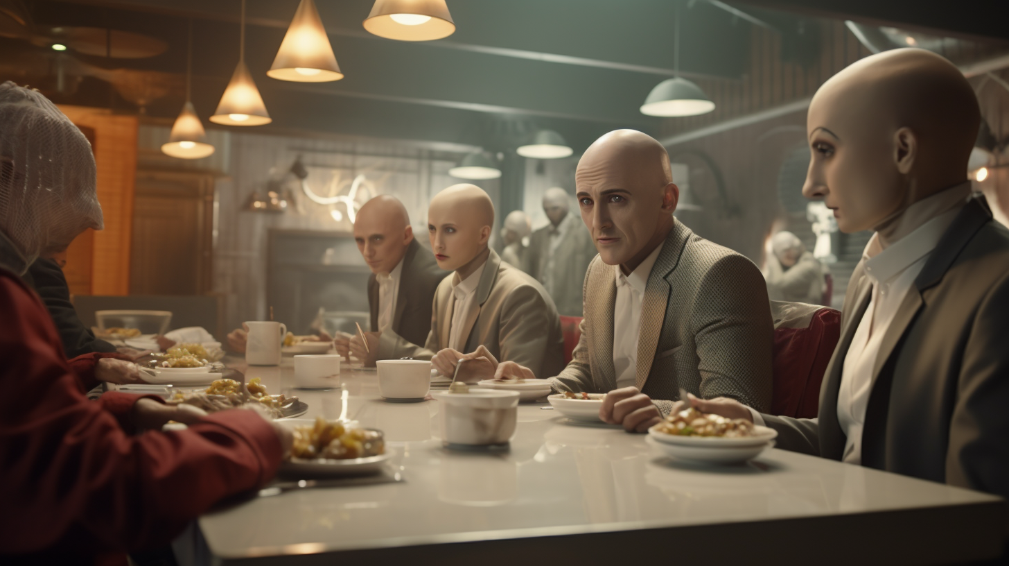 Group of Bald People Enjoying a Meal