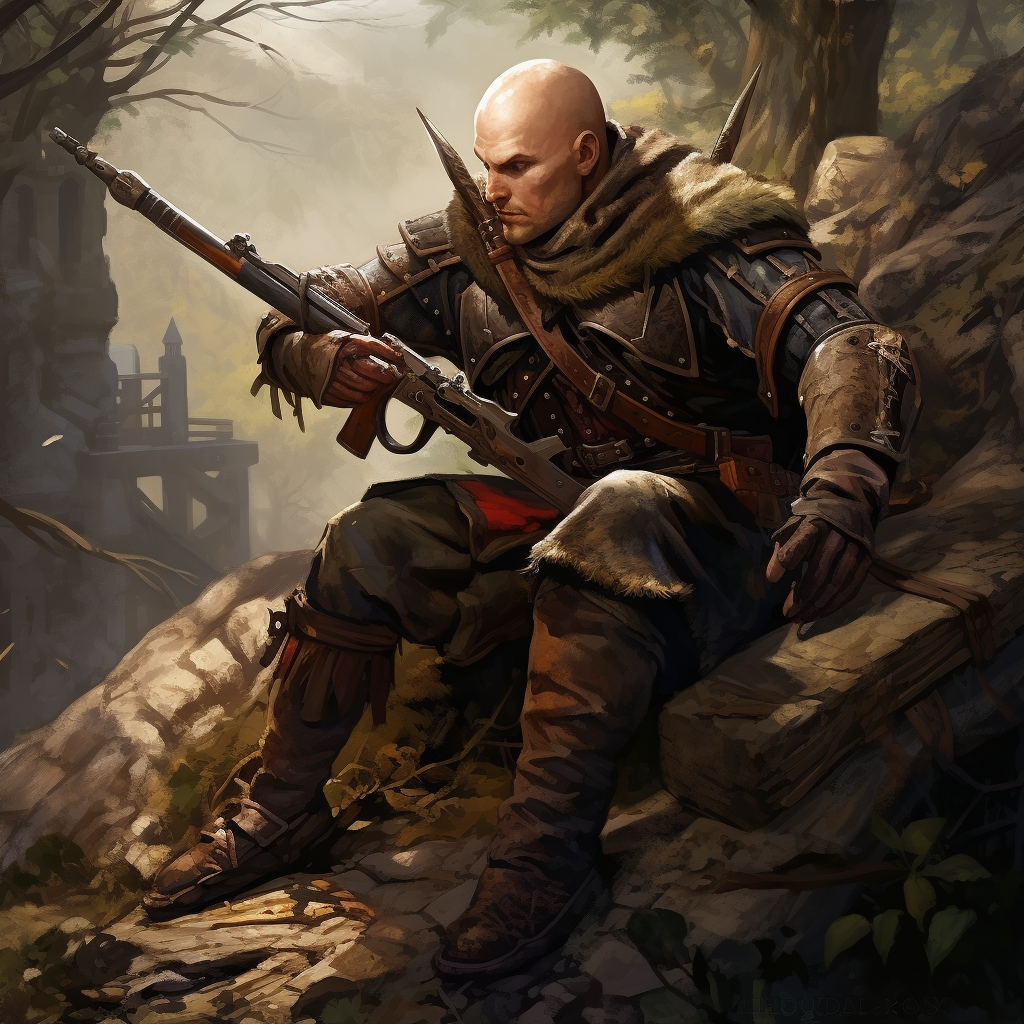 Bald Shady Ranger Aiming Crossbow in Fantasy Pathfinder