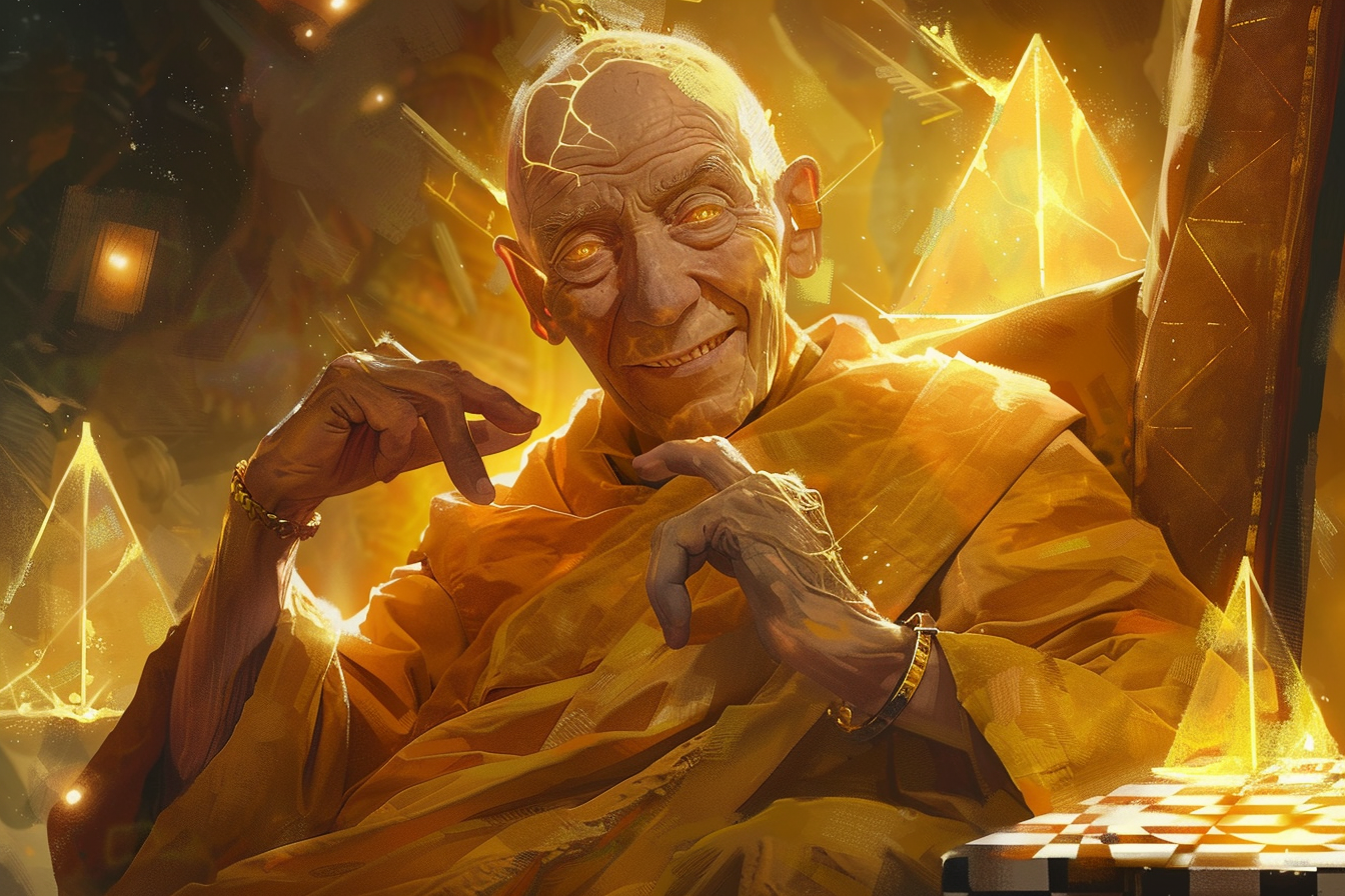 Balding elderly man in golden aura