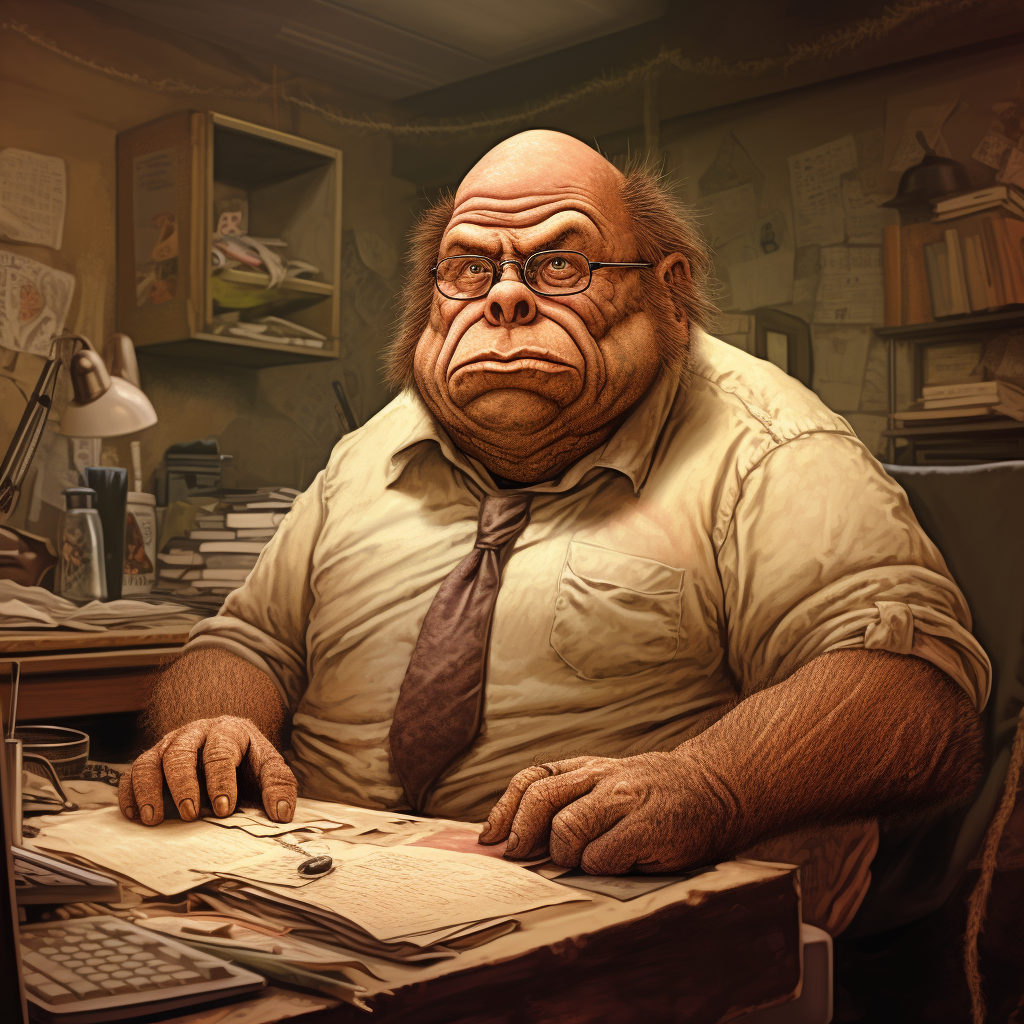 Overweight balding neanderthal sitting at desk