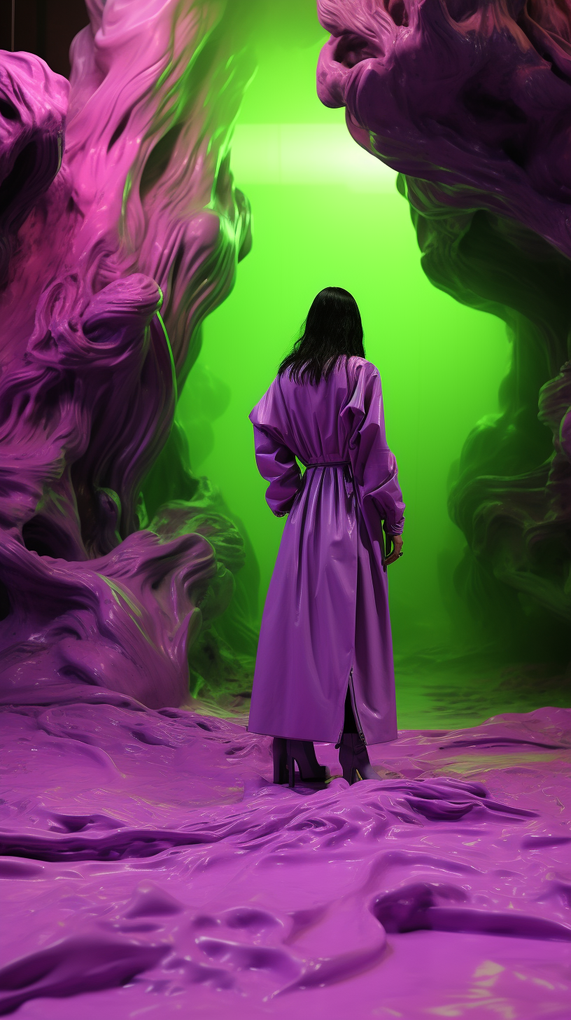 Vibrant purple and green latex fashion scene