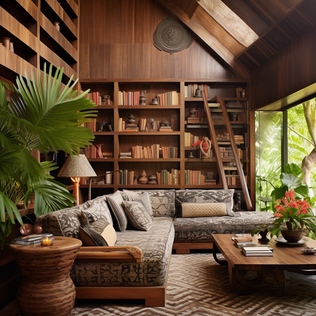 Teak bookshelves in cozy reading corner