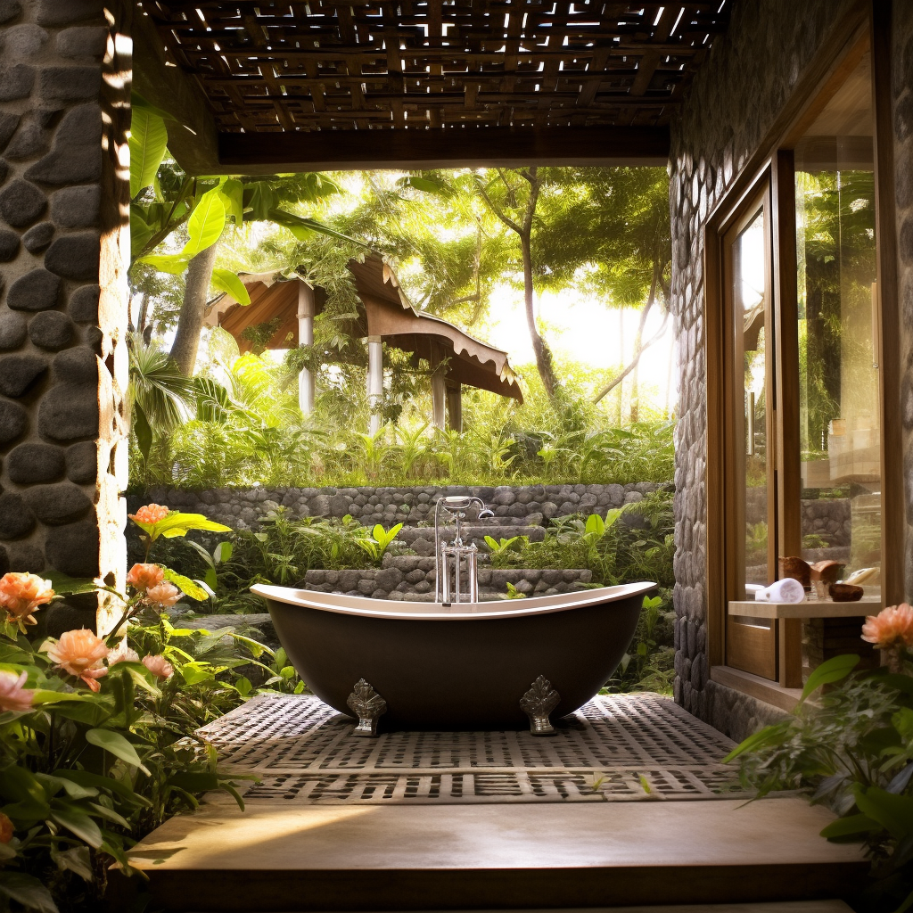 Balinese bathroom with garden view