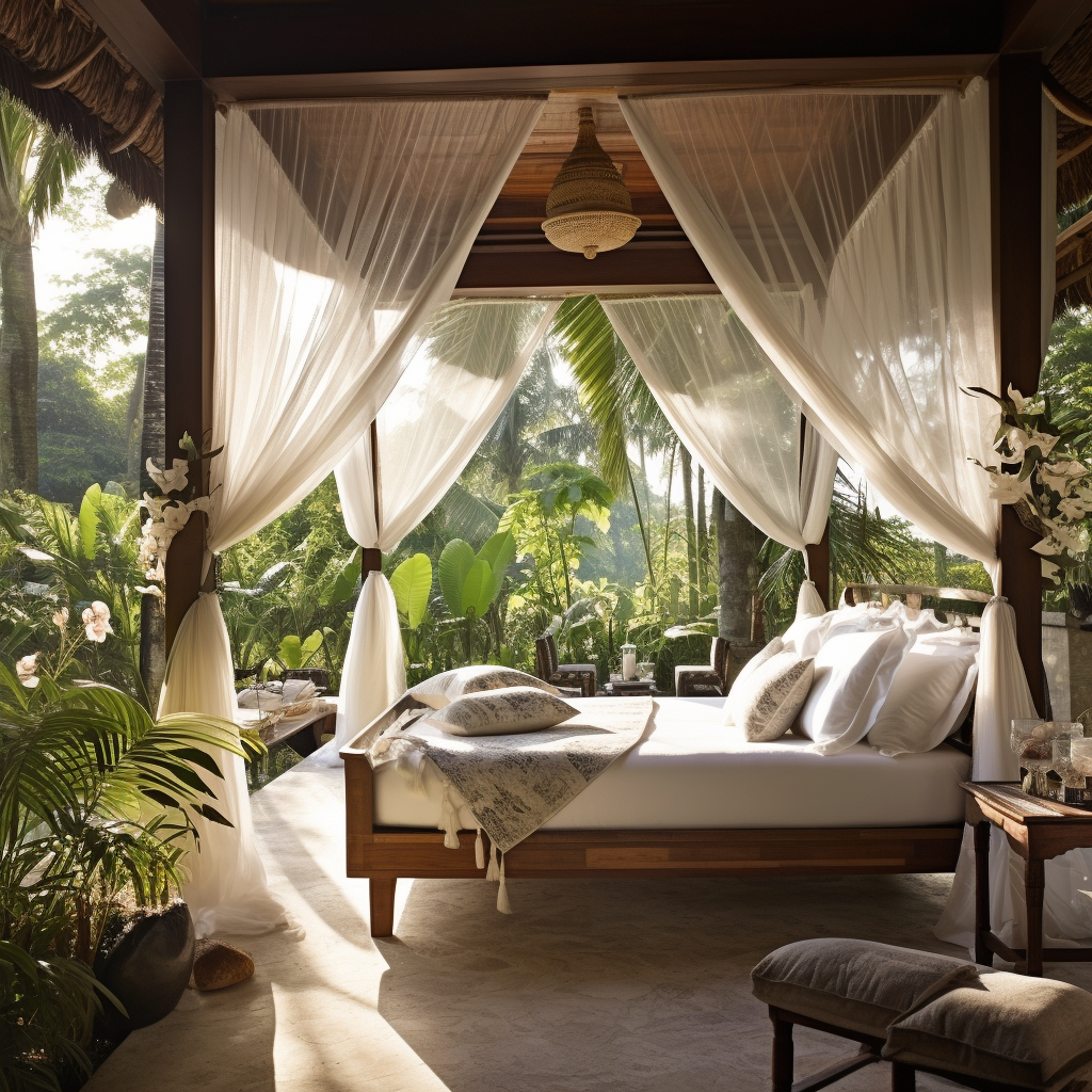 Tranquil Balinese bedroom with canopy bed and garden views