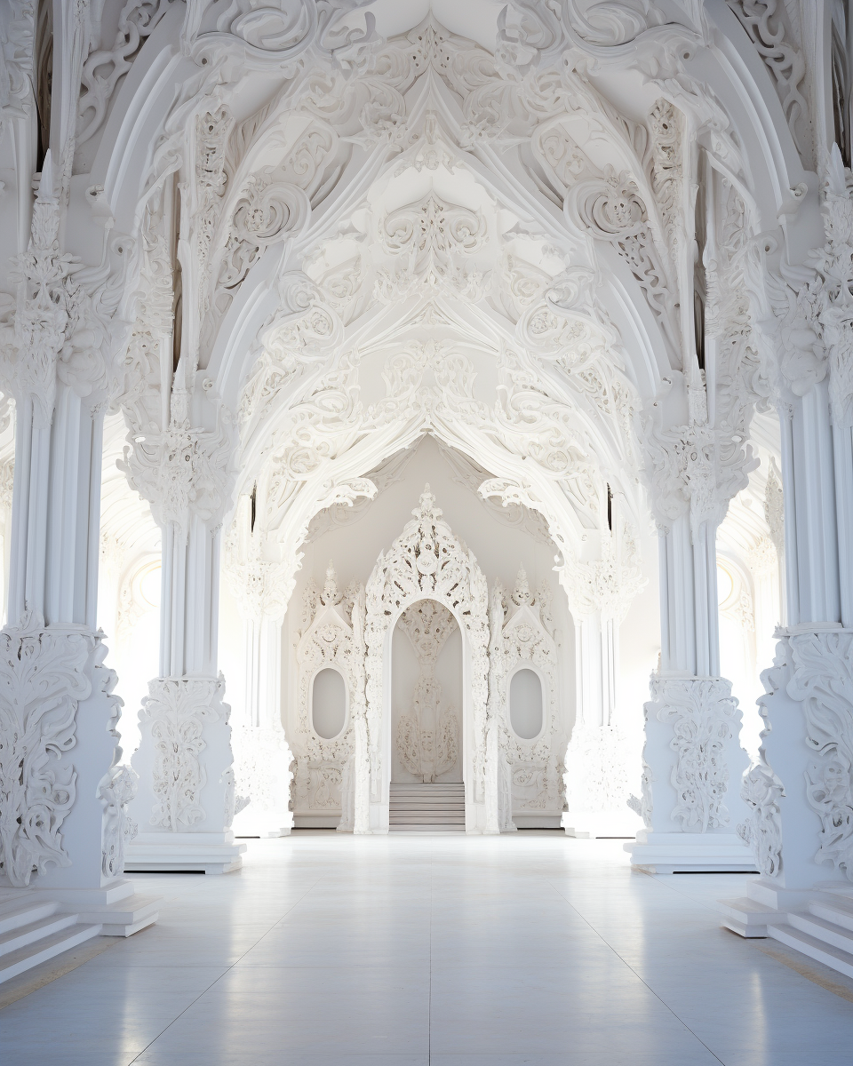 White-on-white Balinese-style church interior