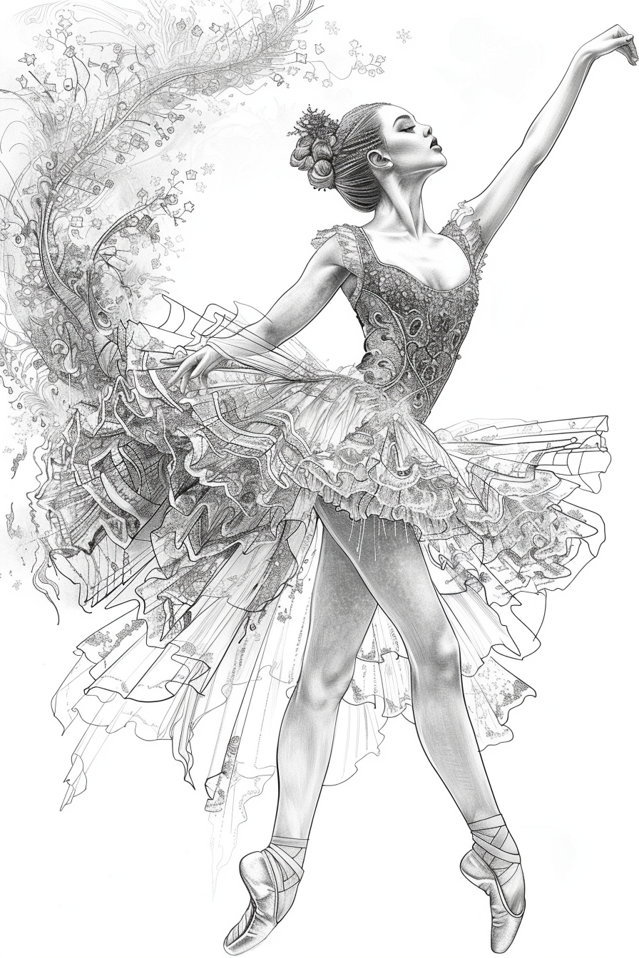 Ballerina line art illustration grayscale