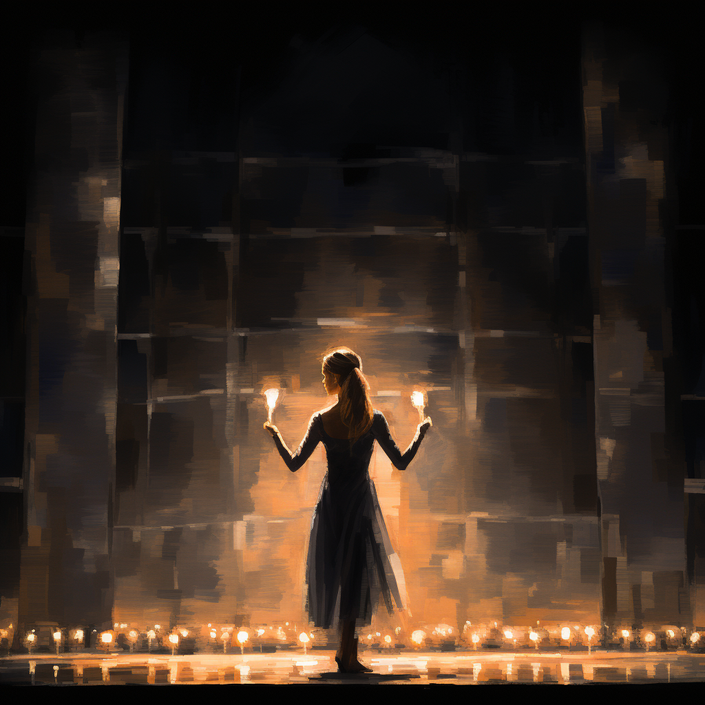 Abstract ballerina holding candle in dark auditorium