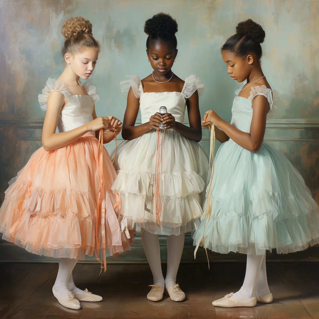 Three graceful ballerinas in soft pastel tutus