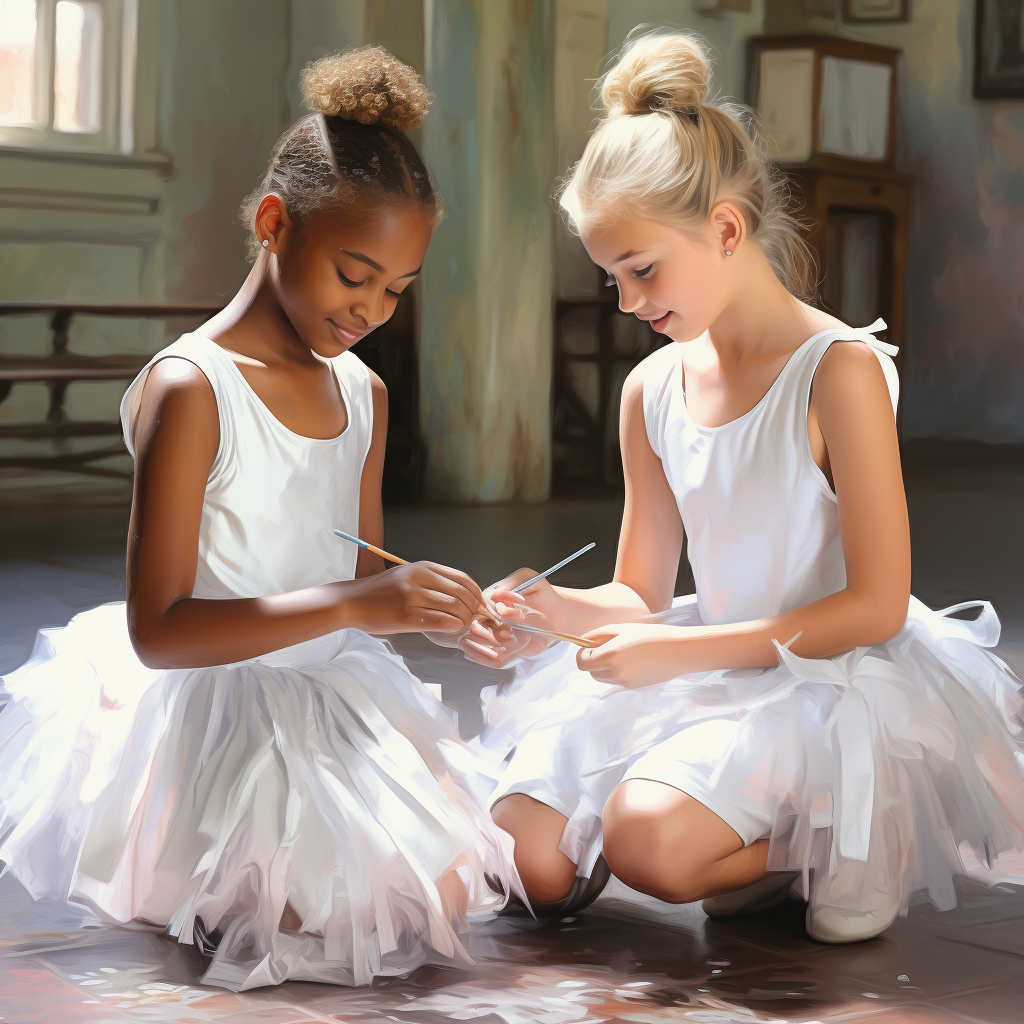 Two Ballerinas in Soft Pastel Tutus Dancing