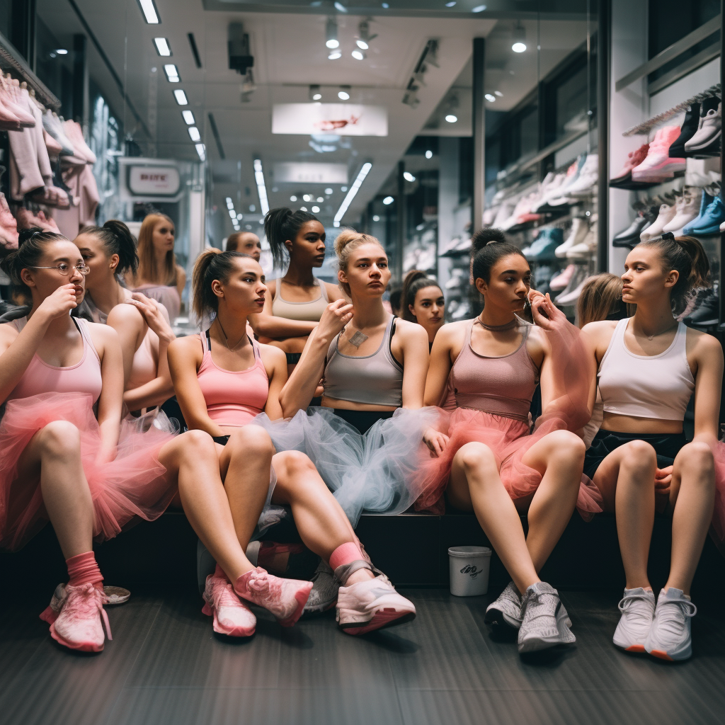 Group of ballerinas trying on Nike shoes