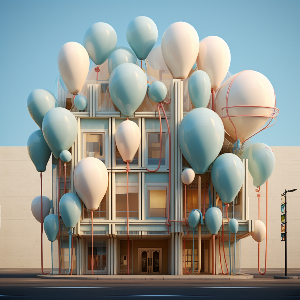 Colorful ballon tied to HVAC pipes on facade