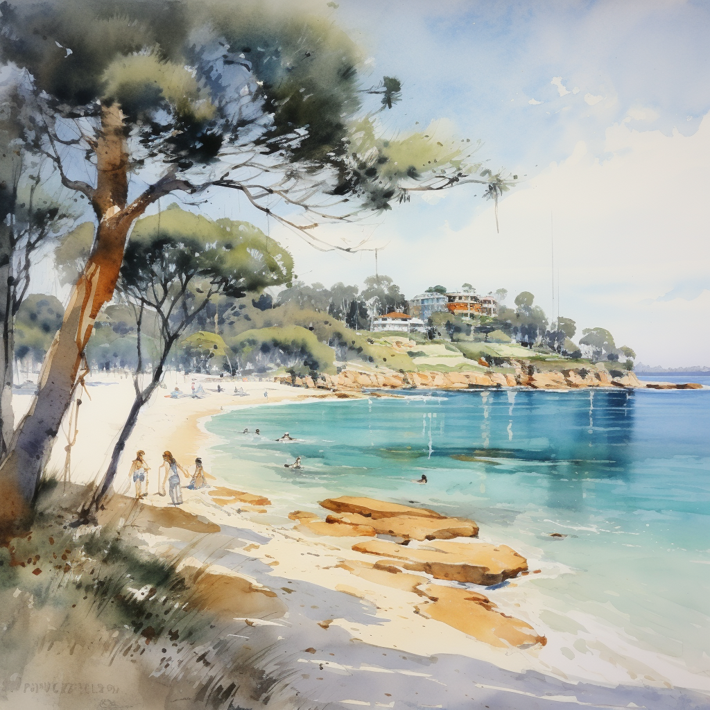 Line wash painting of Balmoral Beach in Sydney