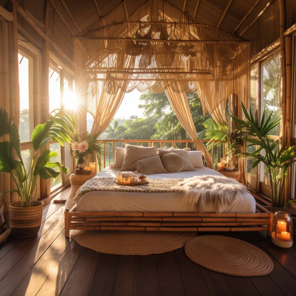 Bamboo Bohemian Canopy Bed with Tropical Sunset Lighting