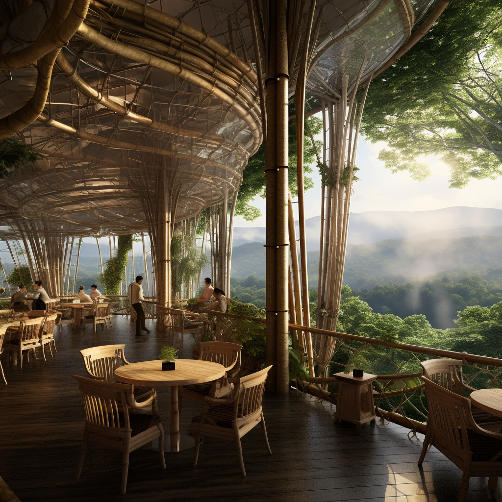 Bamboo cafe with stunning forest view