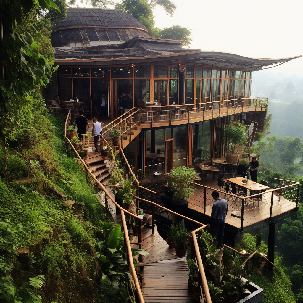 Bamboo coffee shop with hillside view