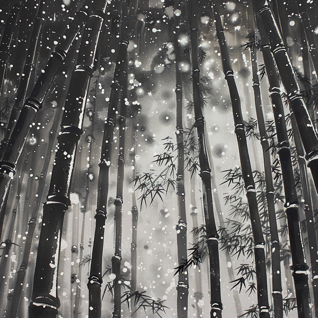 snow falling on bamboo forest