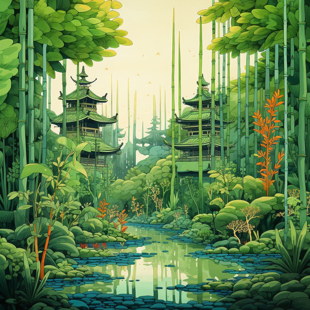 Tranquil bamboo garden artwork (max 6 words)