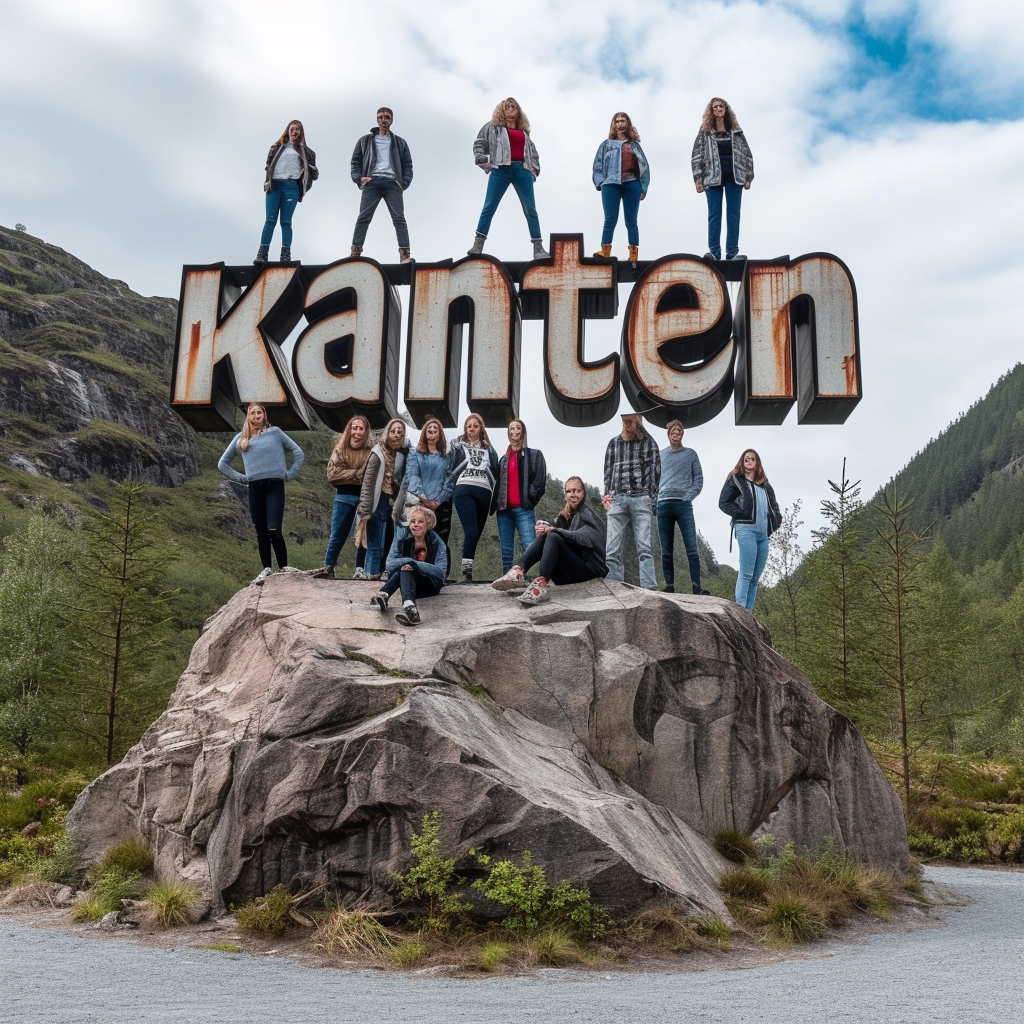 Band of young people on large rock sign