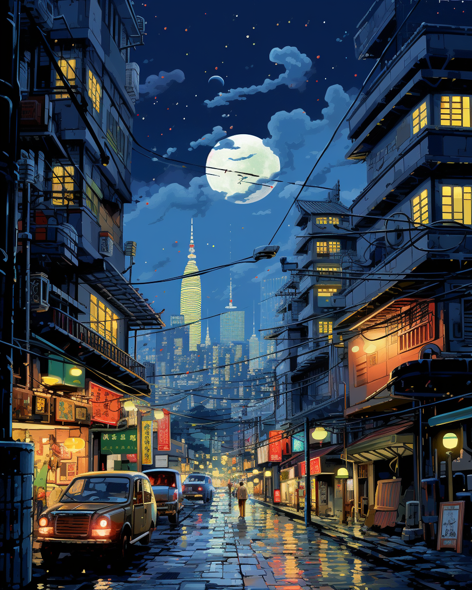 Bangkok night cinematic view Studio Ghibli