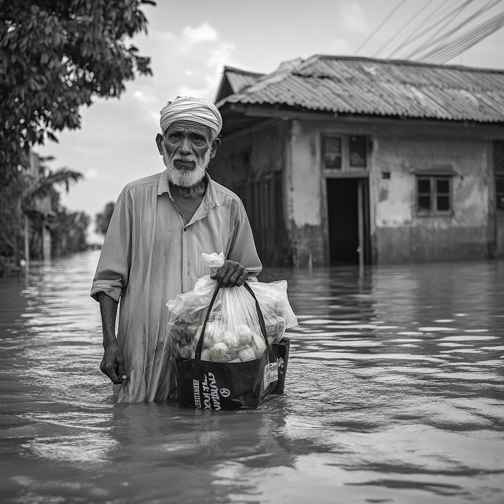 Older man with groceries in flood