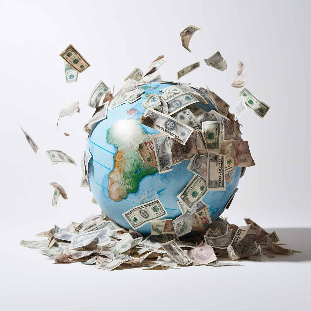 Floating globe with banknotes on white background