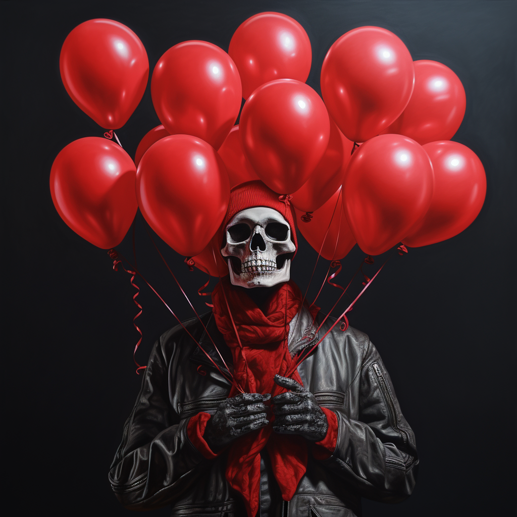 Intricately detailed skeleton with red balloons