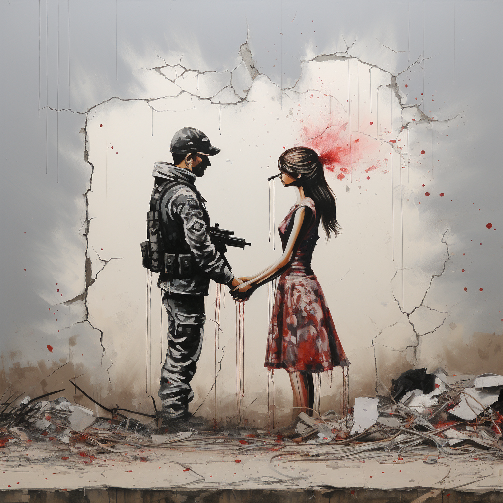 Banksy-style art depicting conflict