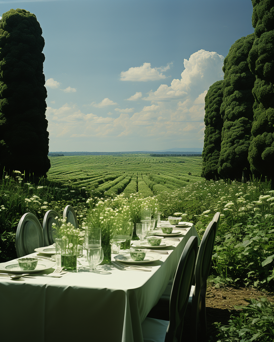 Artistic banquet scene reminiscent of Magritte's style