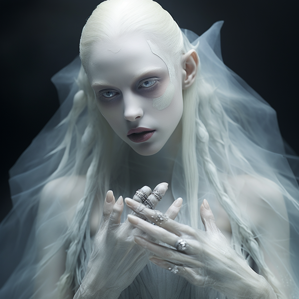 Ethereal banshee with translucent eyes and mother-of-pearl nails