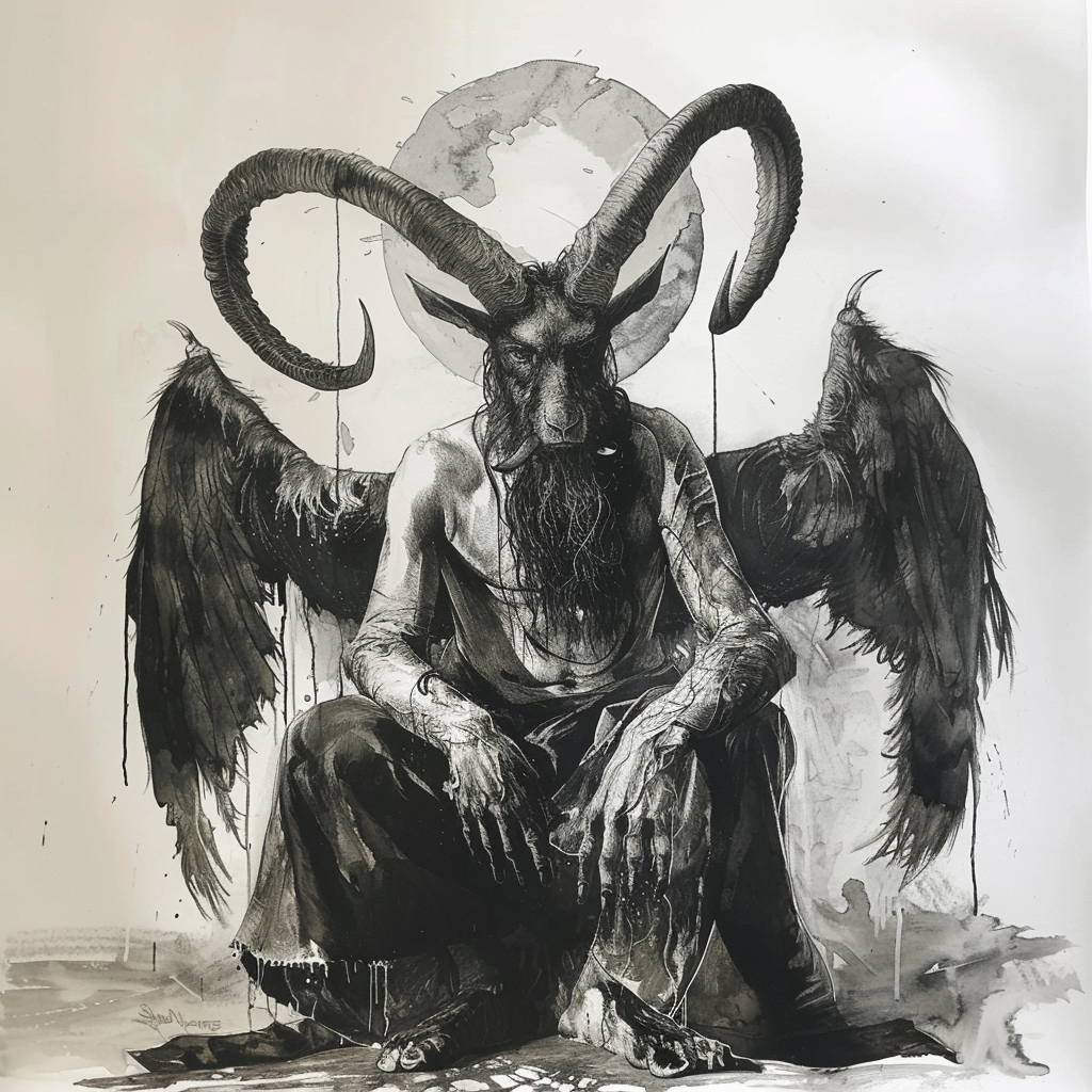 Baphomet Charcoal Watercolor Art Drawing