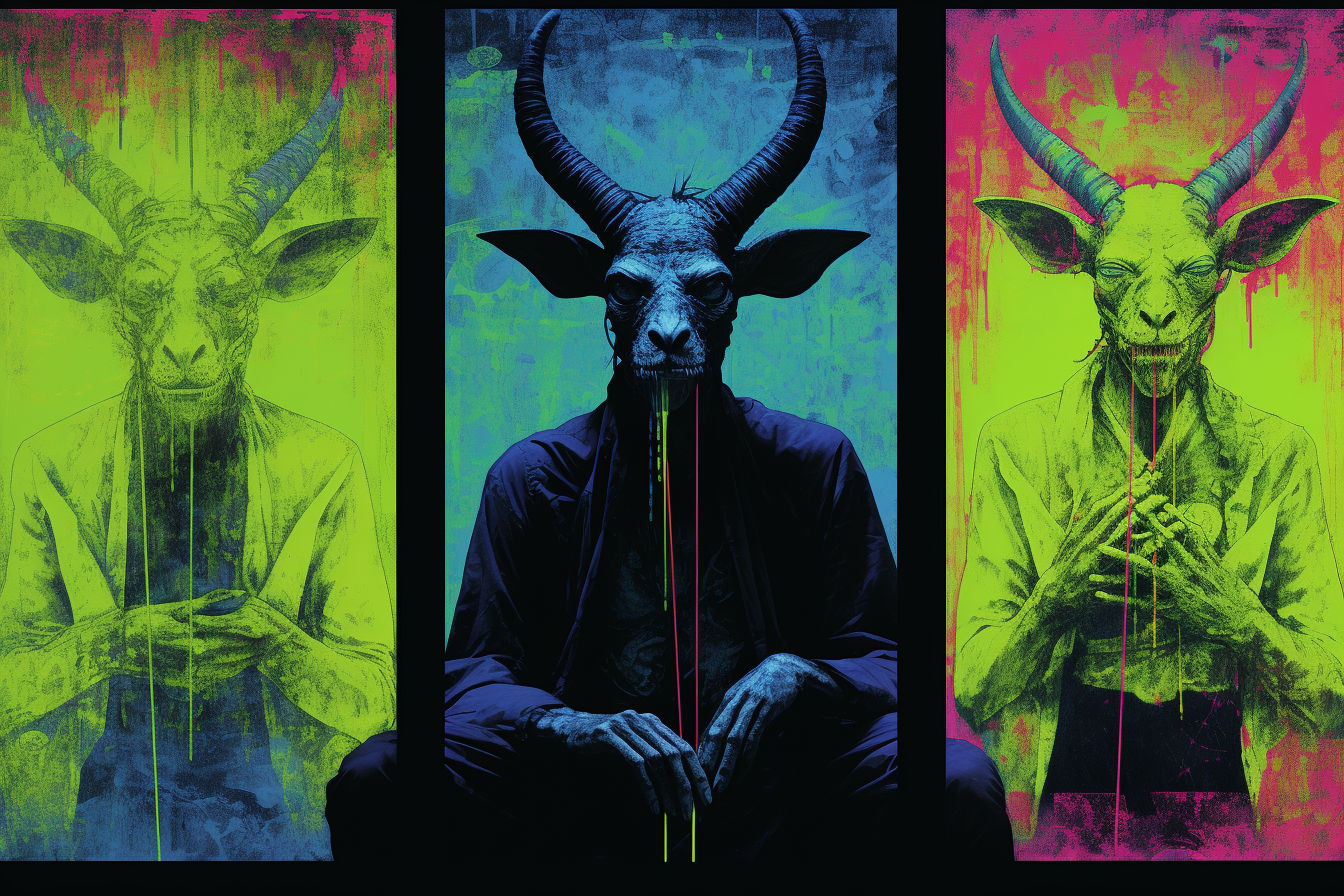 Portrait of Baphomet eating a black sock against a vibrant rainy background