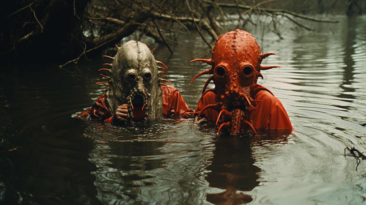 Creepy costume in surreal baptism scene