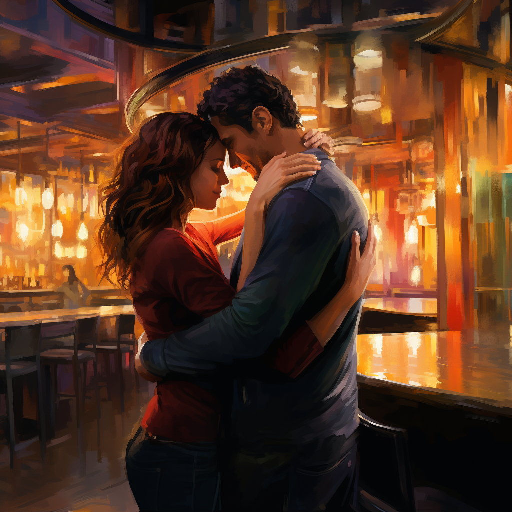 Couple embracing affectionately in a bar