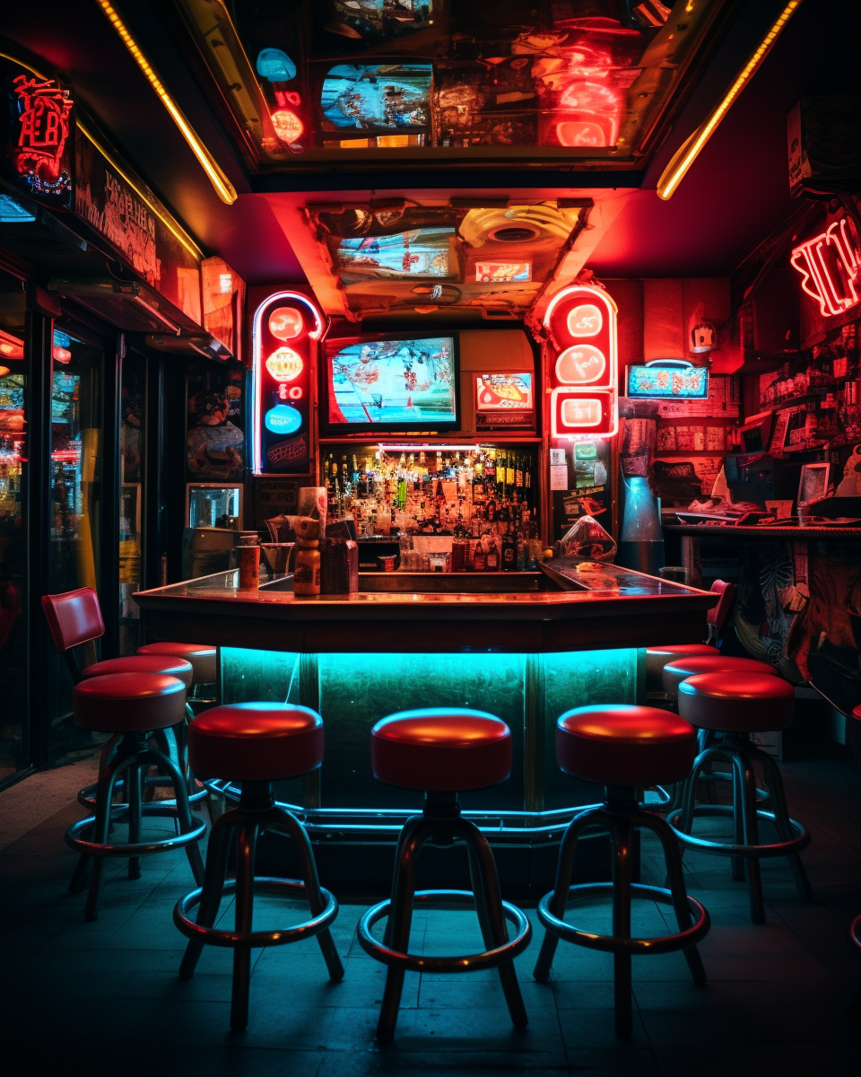 Moody bar ambiance with neon signs