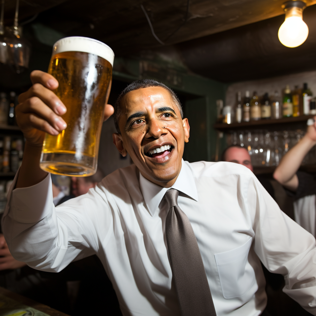 Barack Obama enjoying a huge beer