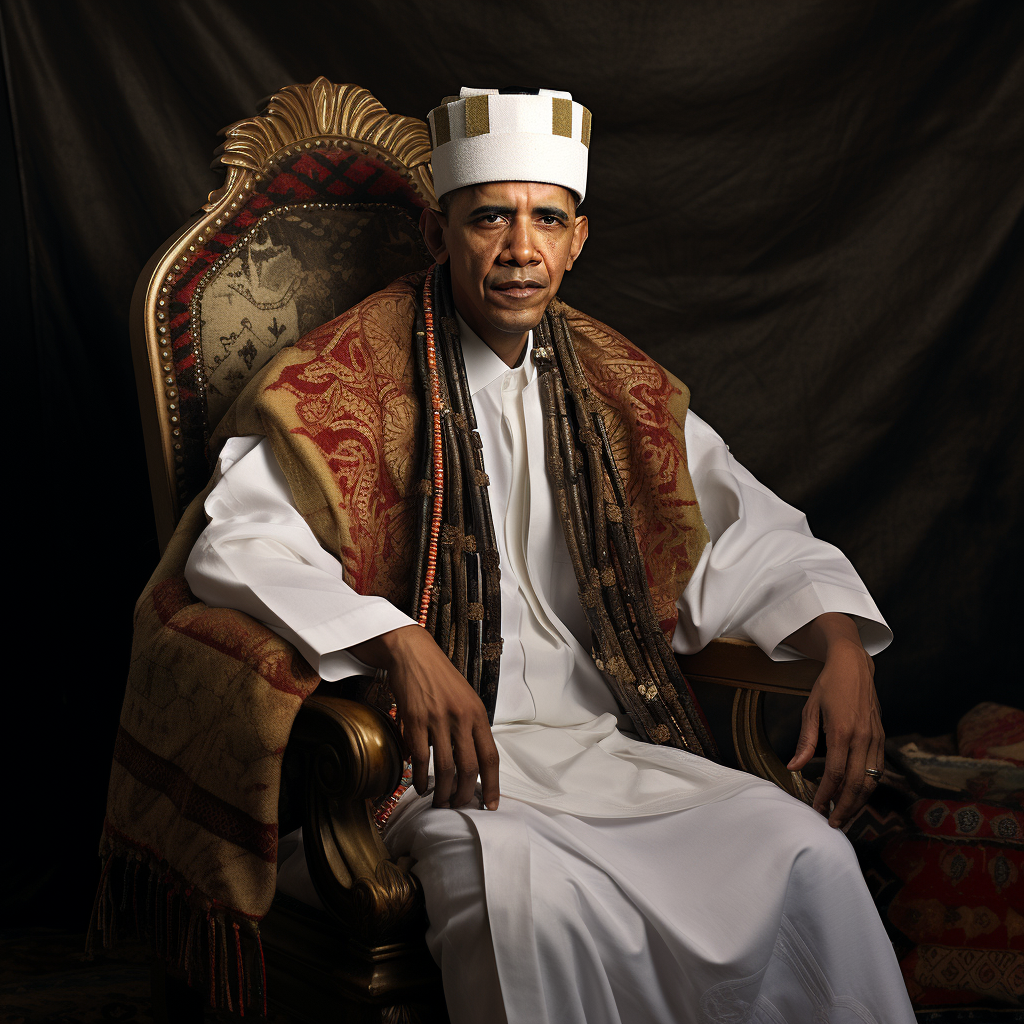 Barack Obama sitting in broken chair wearing traditional Middle Eastern garb