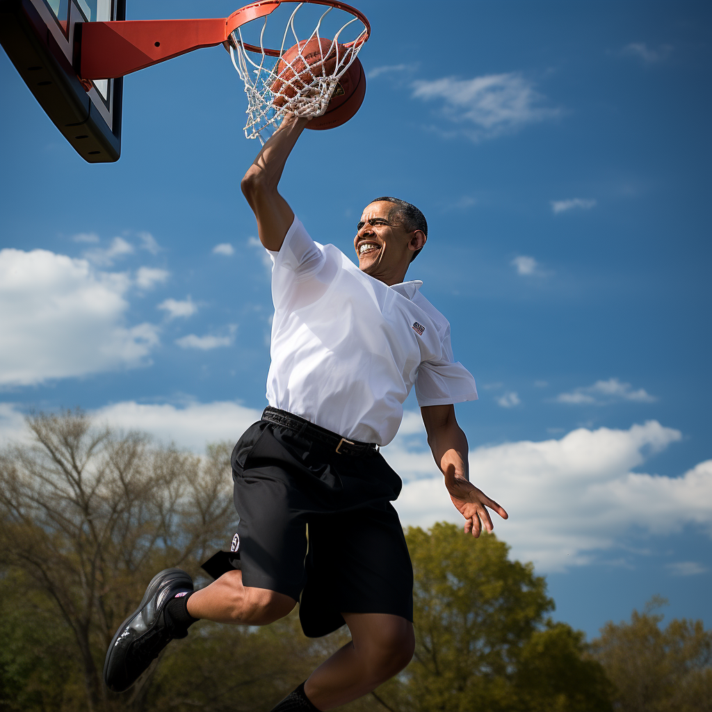 Barack Obama dunking in Scotty Pippin Jersey