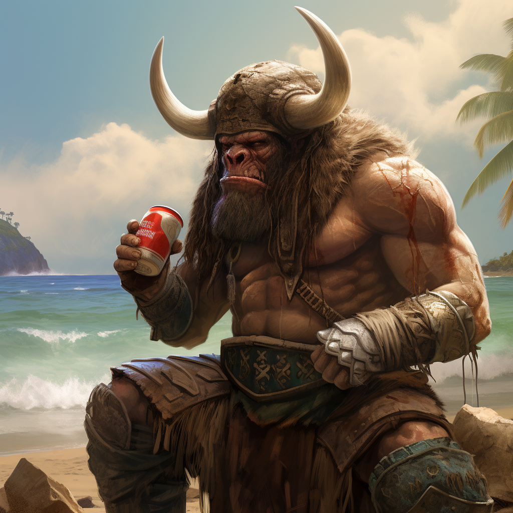 Barbarian wearing Buffalo Bills beer helmet on beach