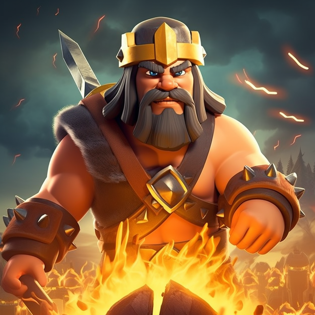 Powerful clash of clans Barbarian King amidst blazing fire