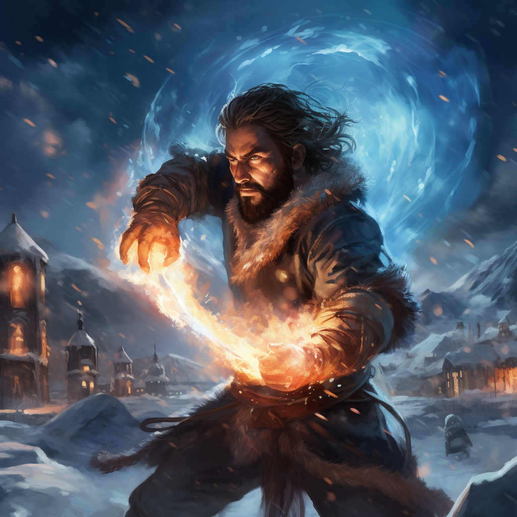 Barbarian mage casting ice spells during an epic battle