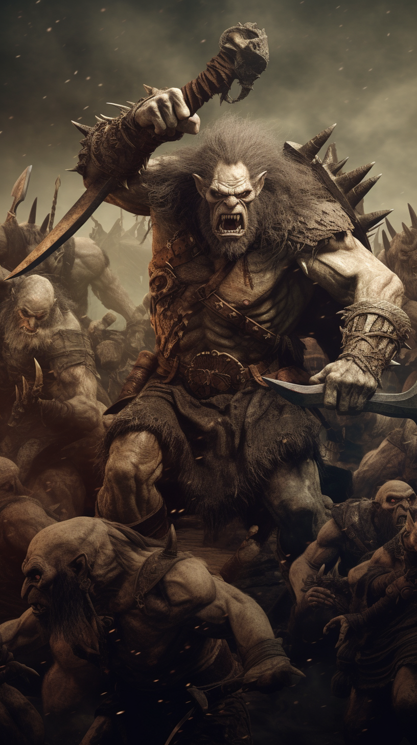 Epic battle between barbarian and orcs