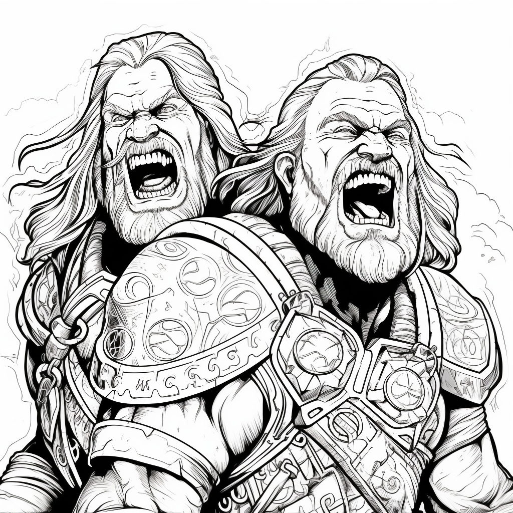 Black and white line art of laughing barbarian twin brothers