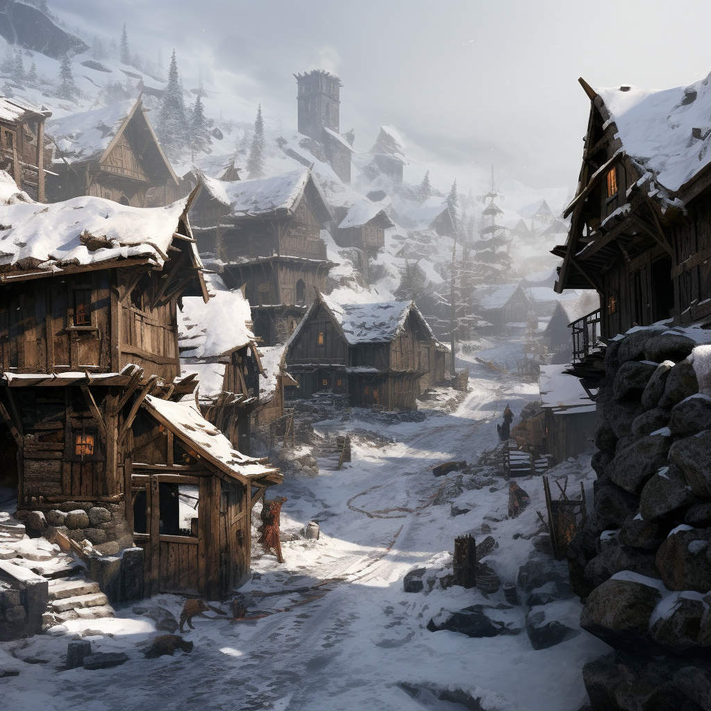 Stone houses in a snowy barbarian village