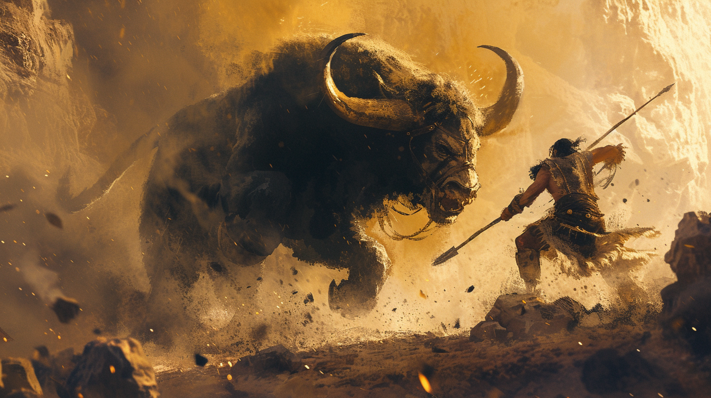 Barbarian warrior fighting minotaur in epic battle