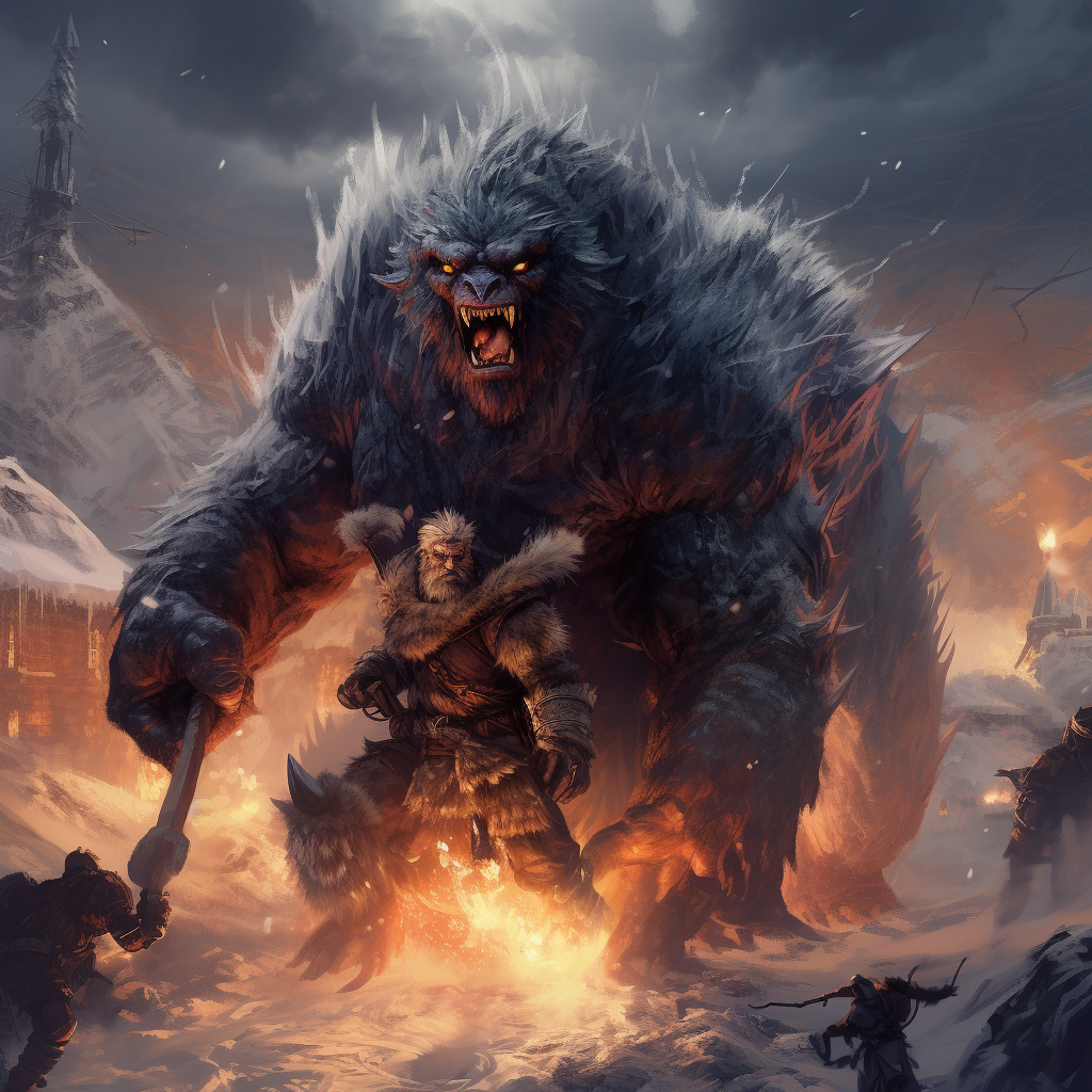 Barbarian warlord riding a yeti, attacking village