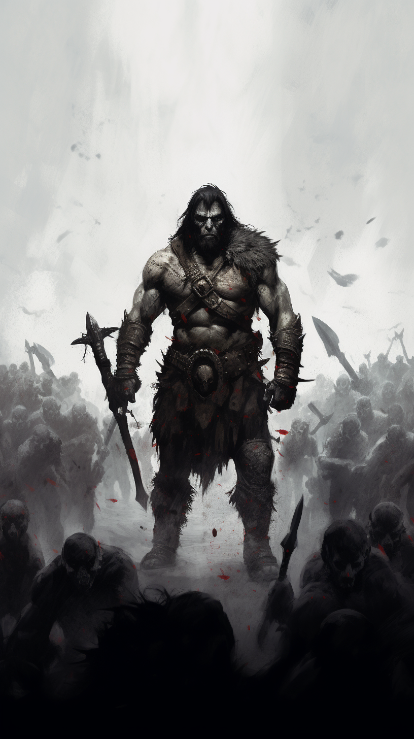 Fierce barbarian battling an orc horde