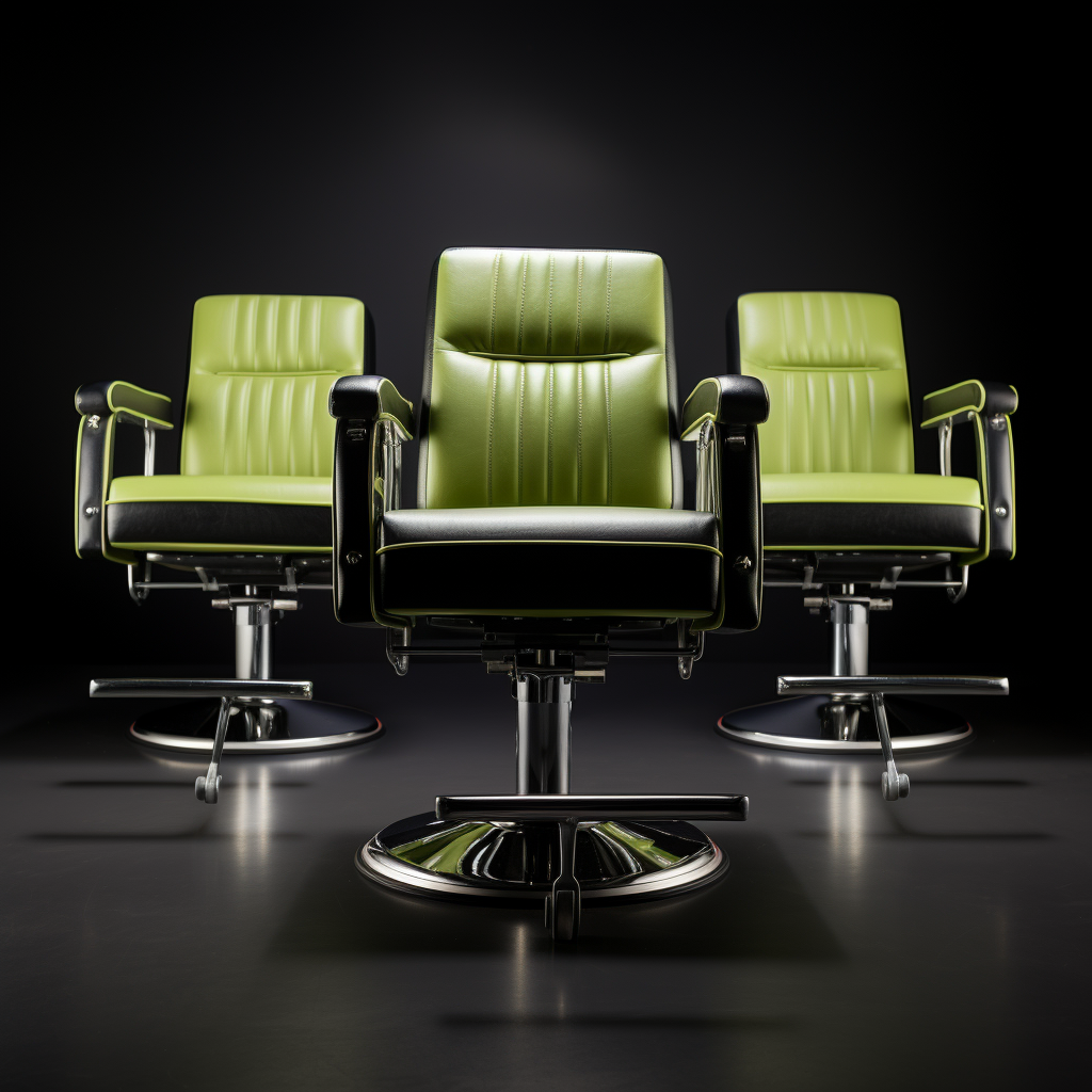 Three fashionable barbershop chairs with green accents