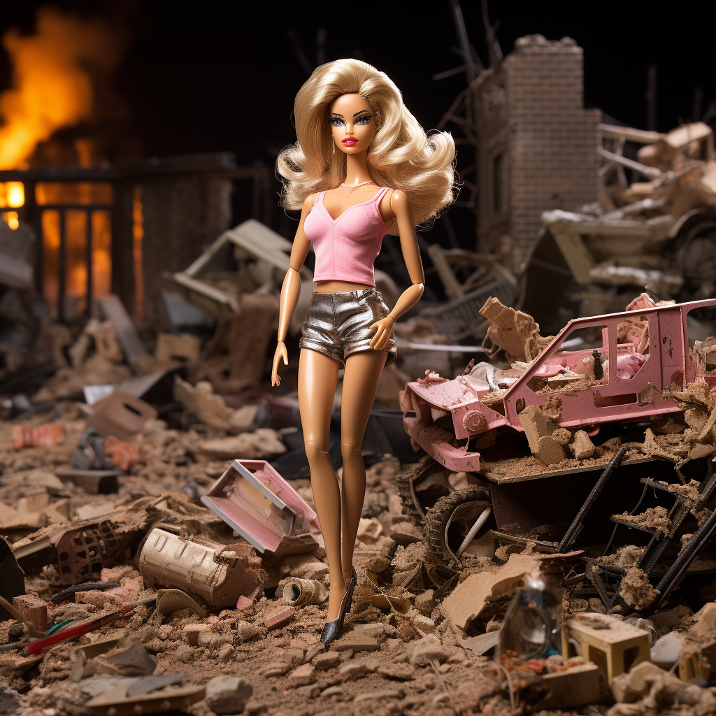 Barbie amidst ruins and smoke